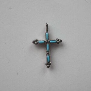 Rare Vintage Navajo Sterling Silver Double Sided Coral/Turquoise Cross Pendant